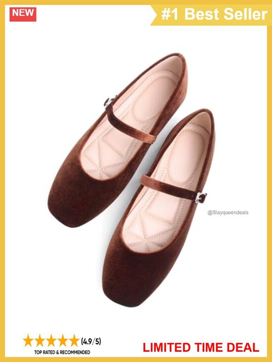 Shoes - Mary Jane Square Toe Ballet Flats with Arch Support Leather Satin